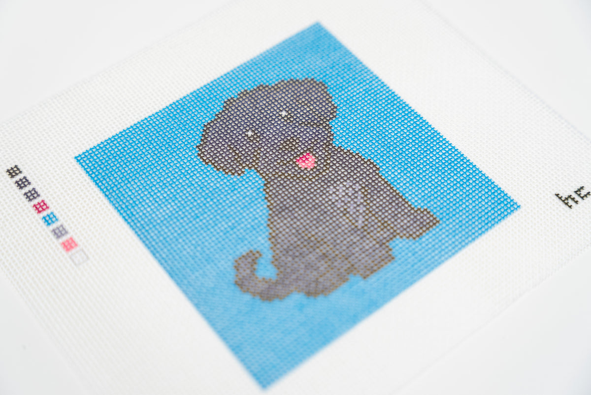 Close angled view of the black schnoodle's curly face, pink tongue and gray chest on the turquoise 18 mesh canvas