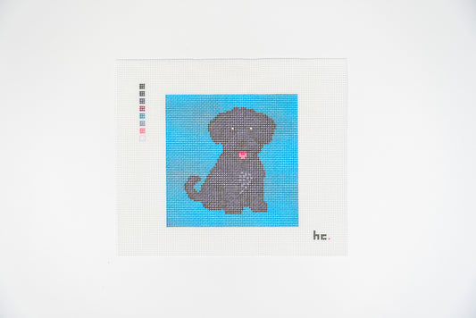 Printed needlepoint canvas of a black mini schnoodle sitting on a turquoise square background, 18 mesh, full view