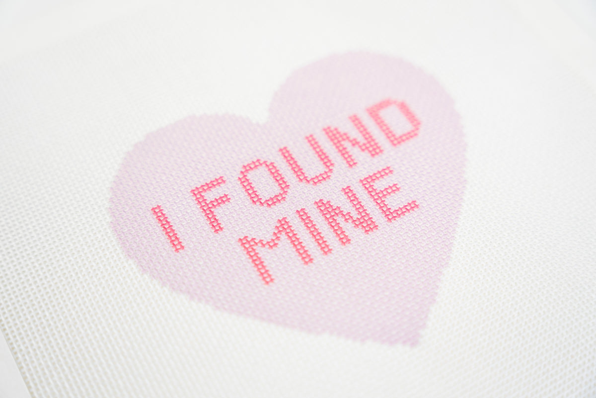 Close angled view of the hot pink I found mine lettering inside the lilac heart