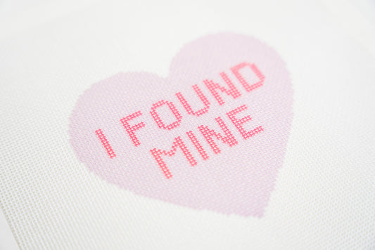 Close angled view of the hot pink I found mine lettering inside the lilac heart