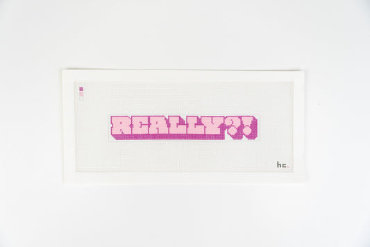 Really!? printed needlepoint canvas, light and dark pink bubble letters, closer view of the whole canvas