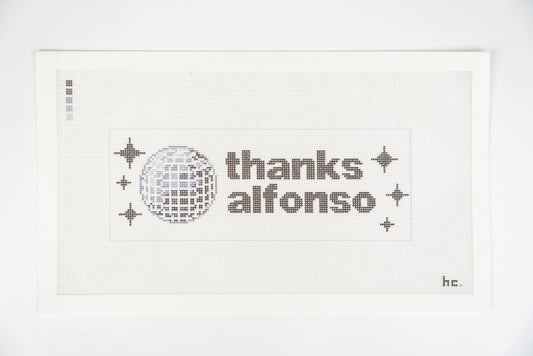 Printed needlepoint canvas reading thanks alfonso with a disco ball and sparkles, 18 mesh, full view